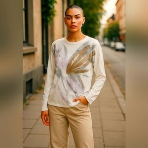 Ploumanach Italy Patterned Scoop Neck Long Sleeve Blouse White & Beige